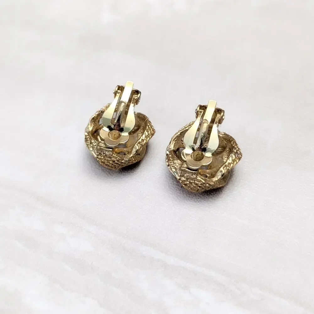 Vintage Clip On Earrings Gold Tone Patterned Knot Design - Fair Condition